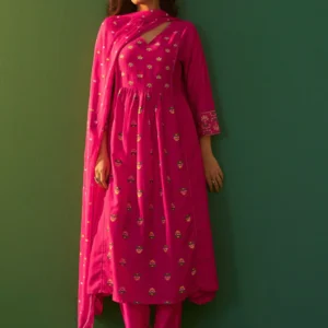 Pink Chinnon Printed Flared Calf Length Kurta with Cotton Printed Dupatta