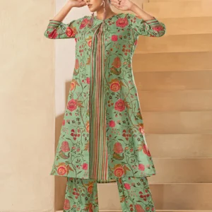 Pista Green Digital Floral Printed Dola Silk Kurta Set