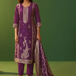 Purple Jacquard Art Silk Kurta Set with Cotton Bottom & Silk Jacquard Dupatta