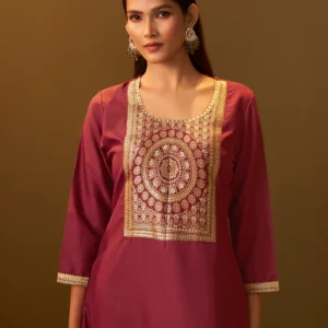 Women's Festive Red Cotton Blend Jacquard Straight Kurta with Solid Pant and Silk Jacquard Dupatta Set