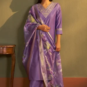 Women Purple Cotton Blend Embroidered Straight Kurta with Pant & Organza Jacquard Printed Dupatta