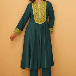 Women's Drak Green Roman Silk Embroidered Flared Co-ord Set