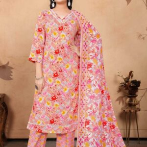 Floral Cambric Cotton Straight Kurti Set with Pant & Dupatta