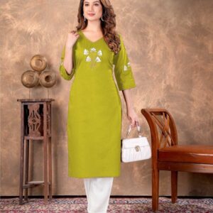 Brown Embroidered Cambric Cotton Straight Kurti