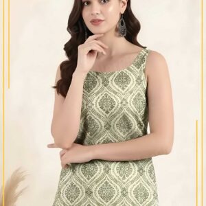 Olive Green Printed Rayon Sleeveless Top for Women
