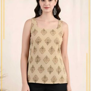 Beige Ethnic Printed Rayon Sleeveless Top for Women