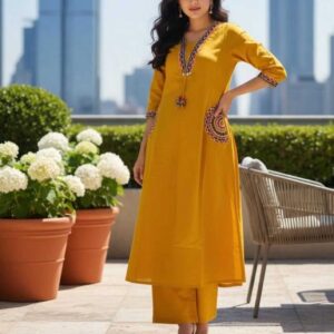 Yellow Pure Cotton Straight Kurti with Pant