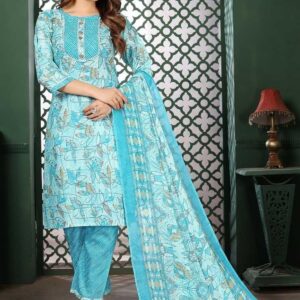 Blue Pure Cotton Straight Kurti Set with Pant & Dupatta