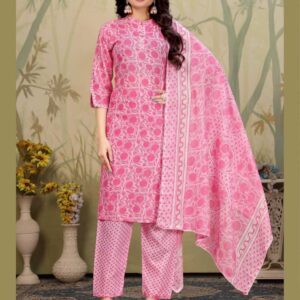 Pink Multicolor Pure Cotton Kurti Pant Dupatta Set