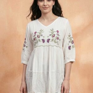 Elegant White Embroidered Rayon 3/4th Sleeve Floral Printed Top for Women