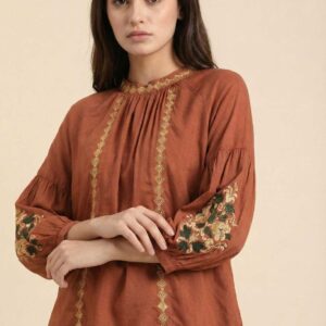 Orange Embroidered Rayon Top for Women – Elegant Printed